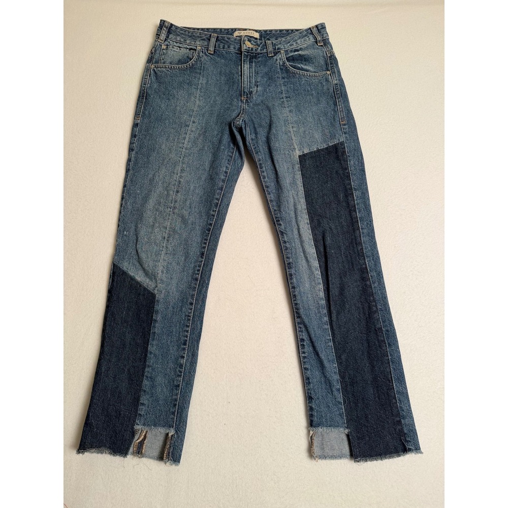 Guess Los Angeles Patchwork Straight Leg Jeans Raw Hem Blue W84A10D2H00 Size 27
